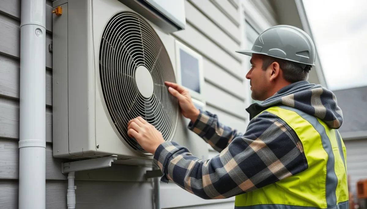 Technicien installant une pompe à chaleur air/eau sur un mur extérieur