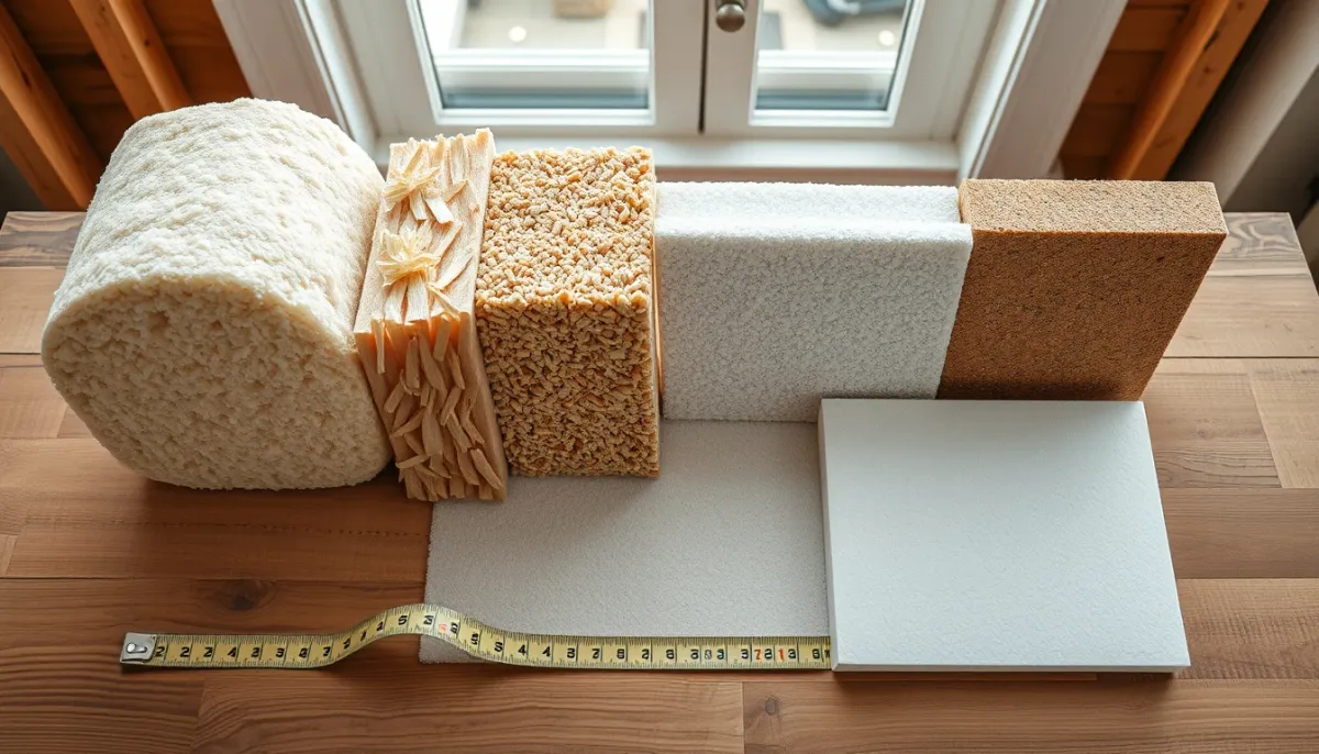 Échantillons de différents isolants pour ITI : laine de verre, fibre de bois, ouate de cellulose, liège et polyuréthane