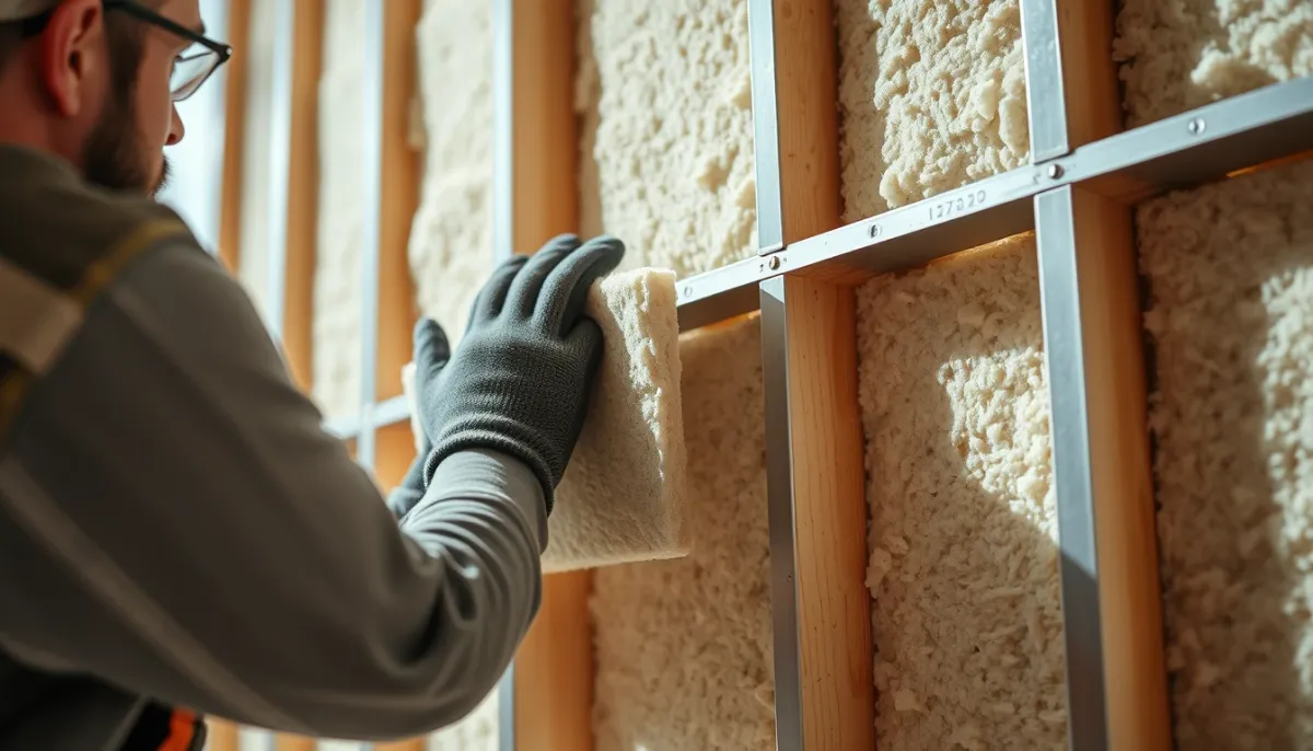 Artisan posant un panneau isolant sur une ossature métallique lors d'une isolation des murs par l'intérieur