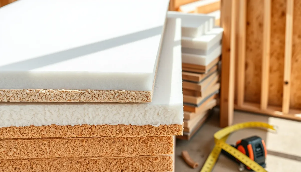 Panneaux isolants en polystyrène, laine de roche et fibre de bois sur un chantier