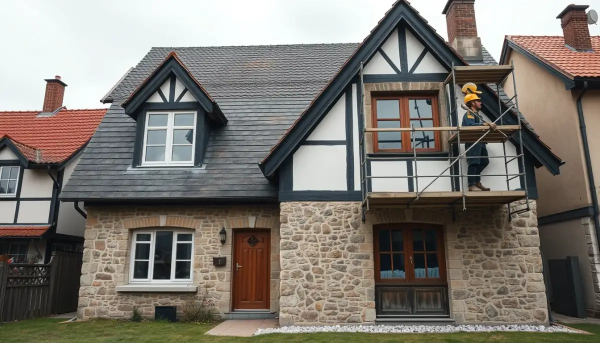 Façade d'une maison lorraine en pierre avec travaux d'isolation extérieure