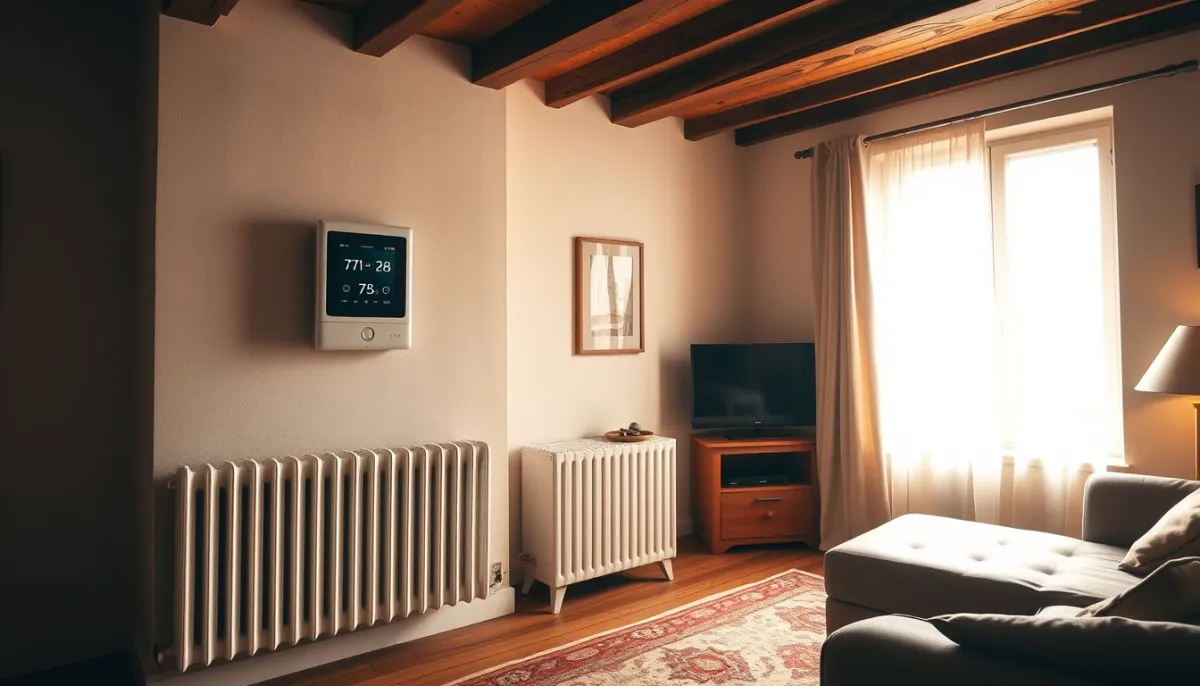 Salon confortable d'une maison ancienne chauffé par une pompe à chaleur Mitsubishi Ecodan