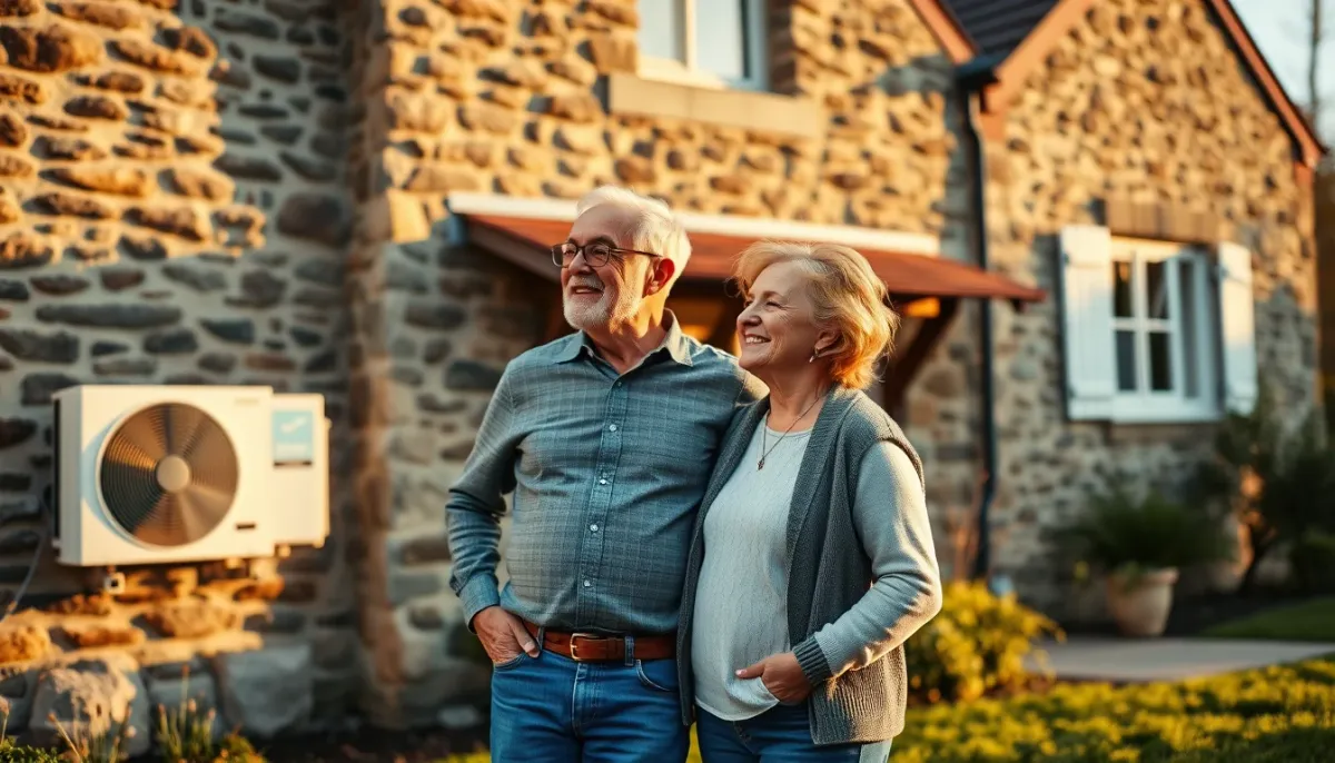 Couple de propriétaires devant leur maison ancienne équipée d'une pompe à chaleur Mitsubishi Ecodan