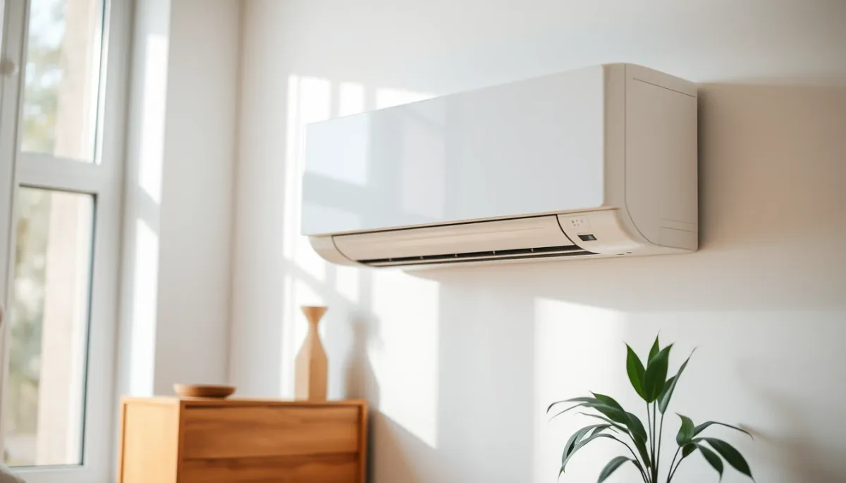 Unité intérieure de pompe à chaleur air/air fixée au mur d'un salon moderne