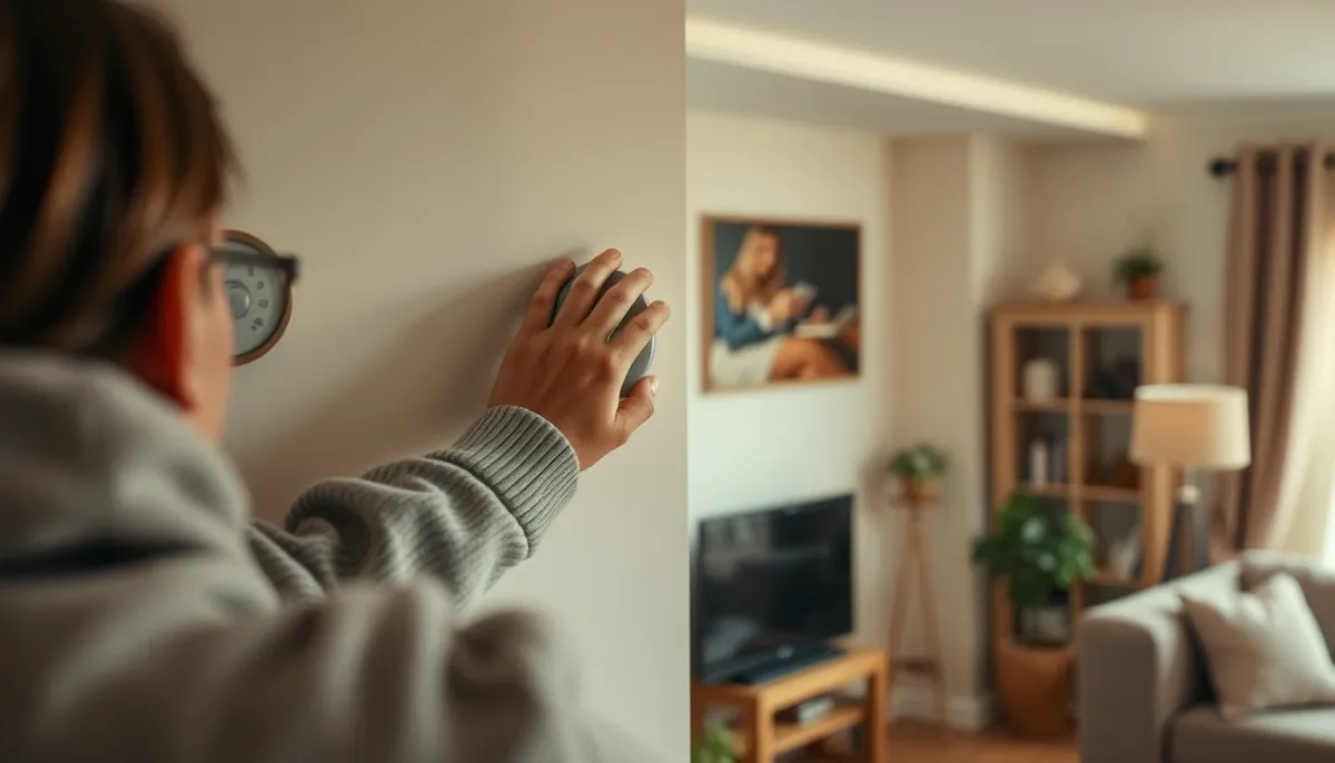 Personne réglant un thermostat mural dans un salon chaleureux