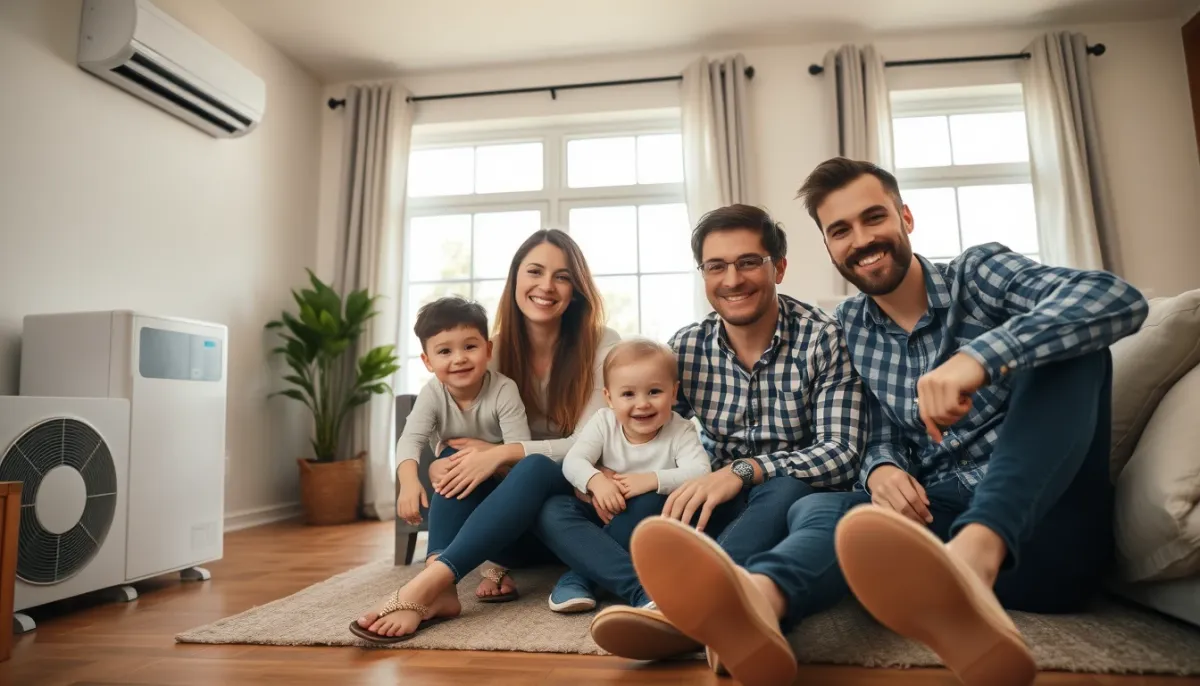 Famille profitant d'un intérieur confortable chauffé par une pompe à chaleur