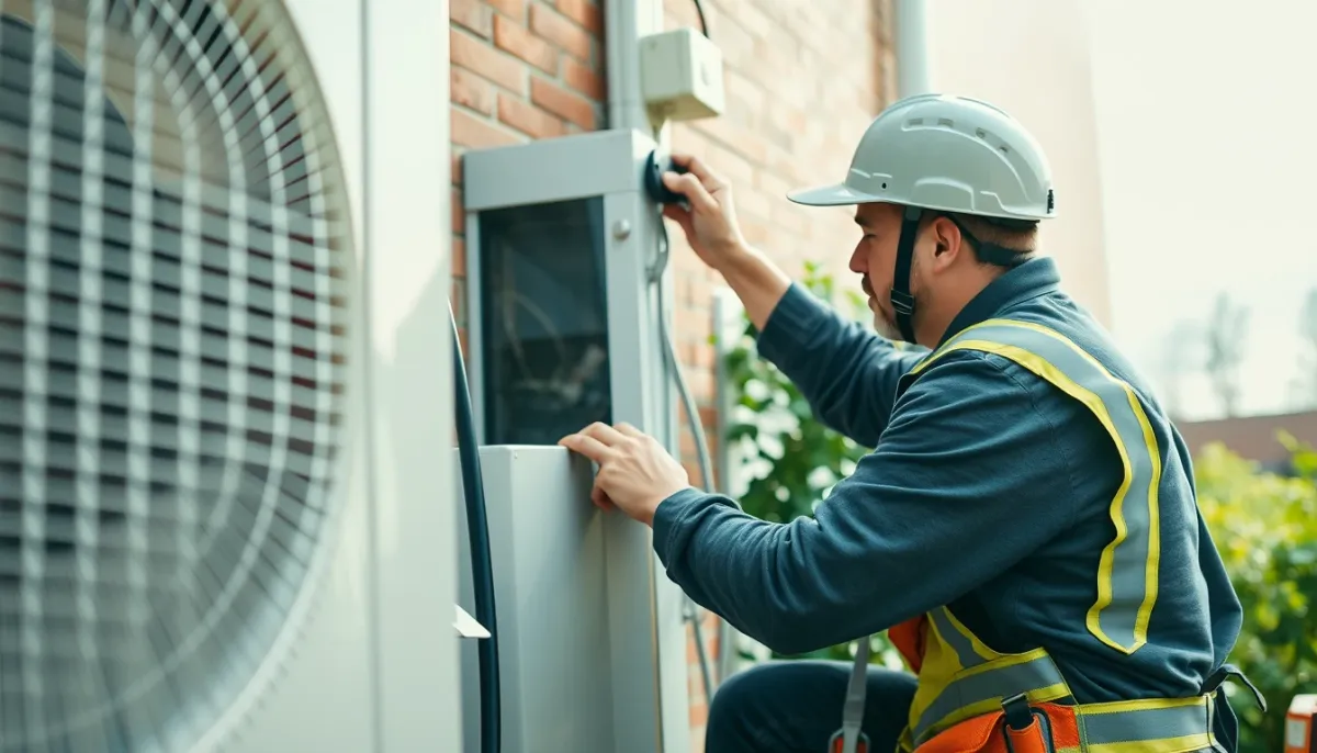 Technicien installant une unité extérieure de pompe à chaleur