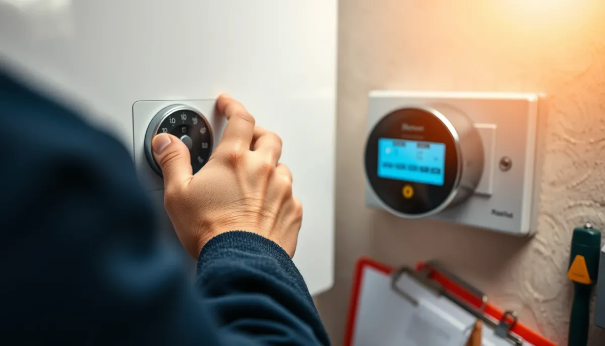 Technicien réglant le thermostat d'une chaudière à condensation