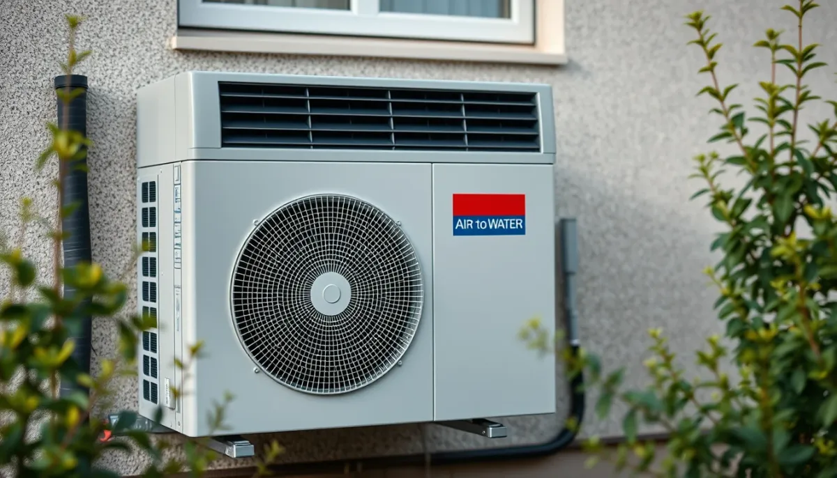 Pompe à chaleur air-eau installée à l'extérieur d'une maison, éligible aux aides à la rénovation énergétique en 2026