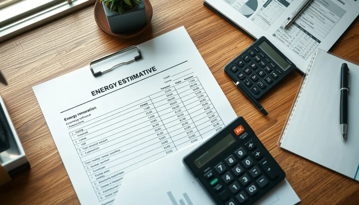 Devis et calculatrice sur un bureau, illustrant le reste à charge après aides pour la rénovation énergétique en Lorraine