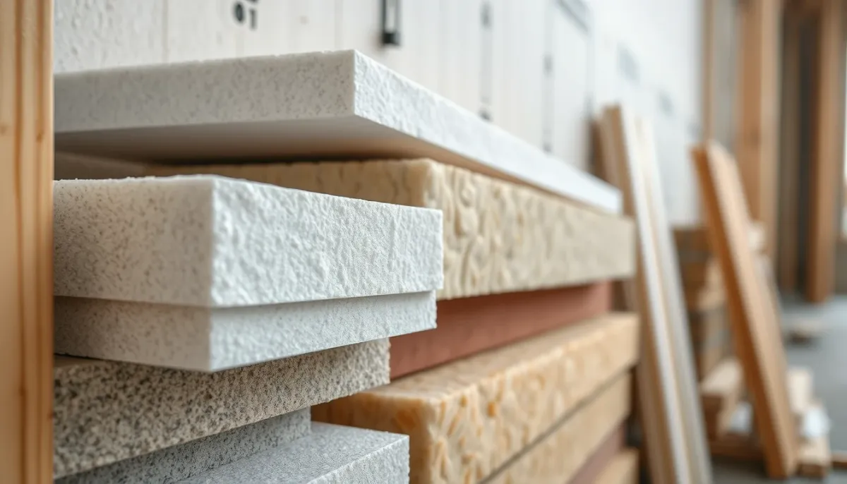 Panneaux isolants de différents matériaux (polystyrène, laine de roche, fibre de bois) empilés sur un chantier
