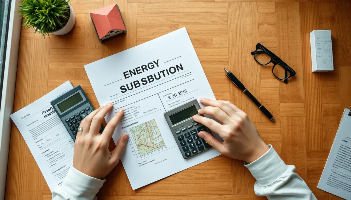 Documents administratifs et calculatrice pour estimer les aides à la rénovation énergétique d'une maison