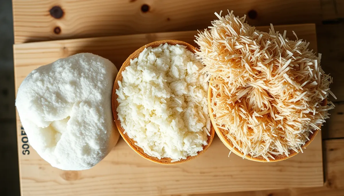Comparaison en coupe de trois isolants pour combles : laine minérale, ouate de cellulose et fibre de bois