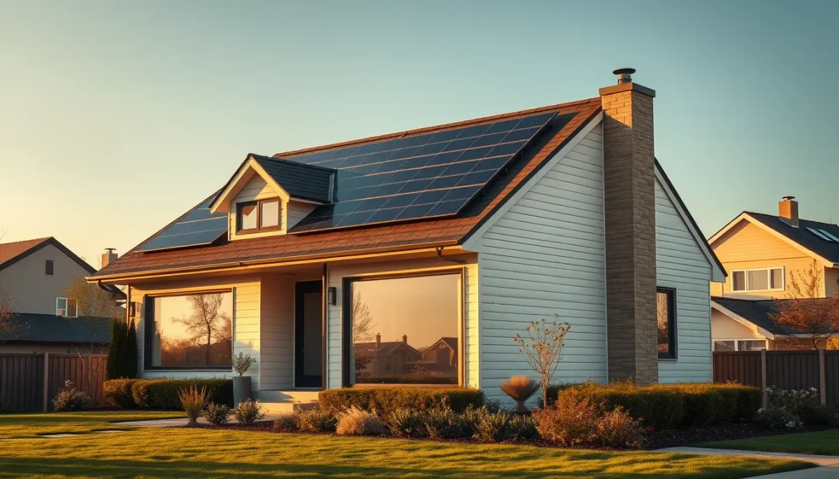Maison moderne avec une isolation de combles performante et des panneaux solaires sur le toit