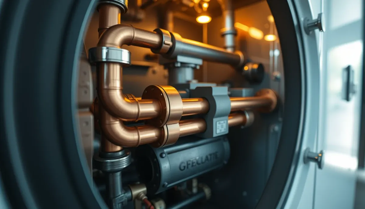 Gros plan sur l'échangeur en cuivre et le corps de chauffe en fonte d'une chaudière gaz à condensation
