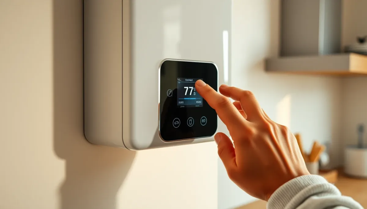 Réglage du thermostat d'une chaudière murale dans une cuisine moderne