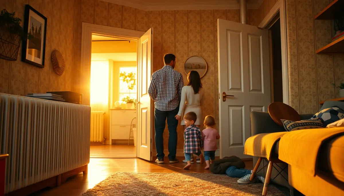 Famille dans un salon chauffé par une chaudière gaz à condensation