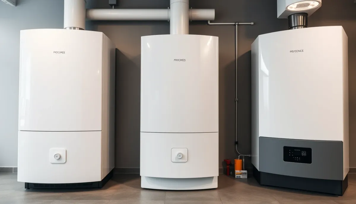 Comparatif de trois chaudières gaz à condensation exposées côte à côte