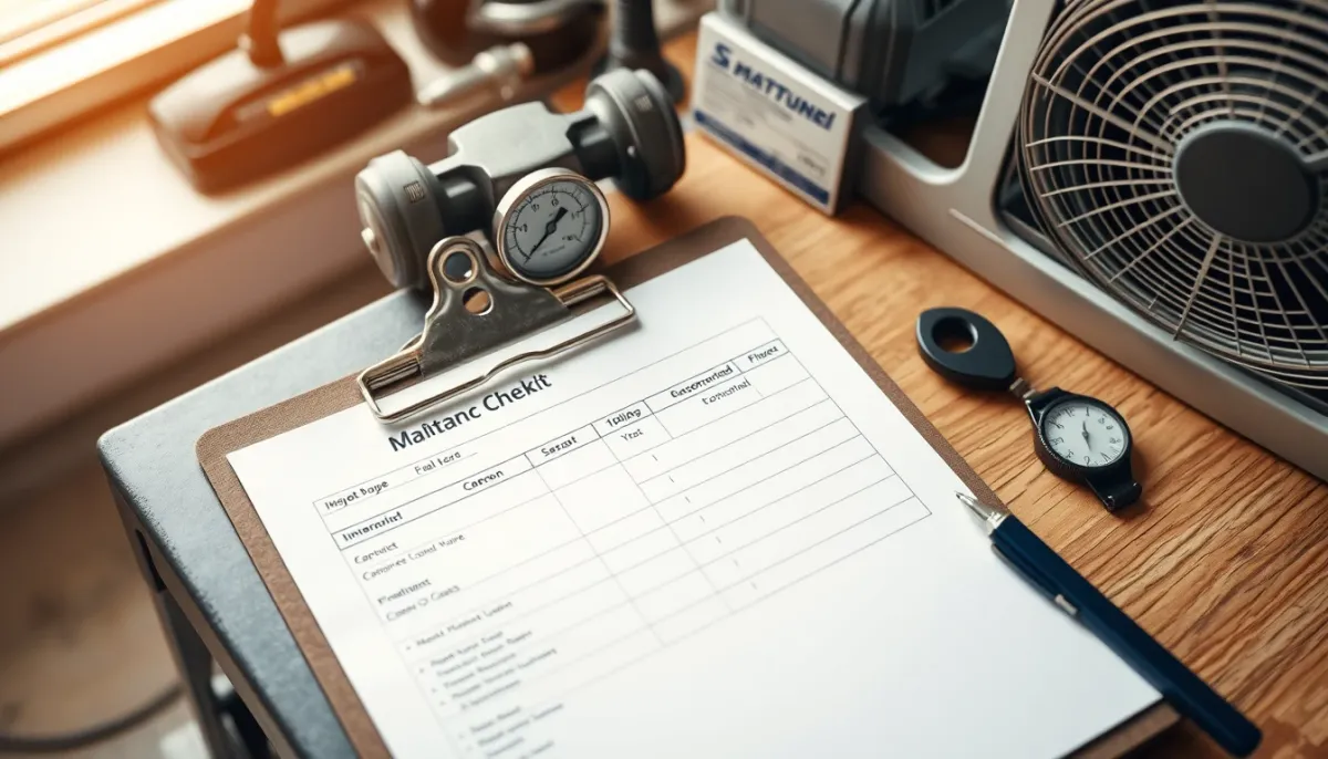 Checklist d'entretien et facture posées sur un établi près d'une pompe à chaleur