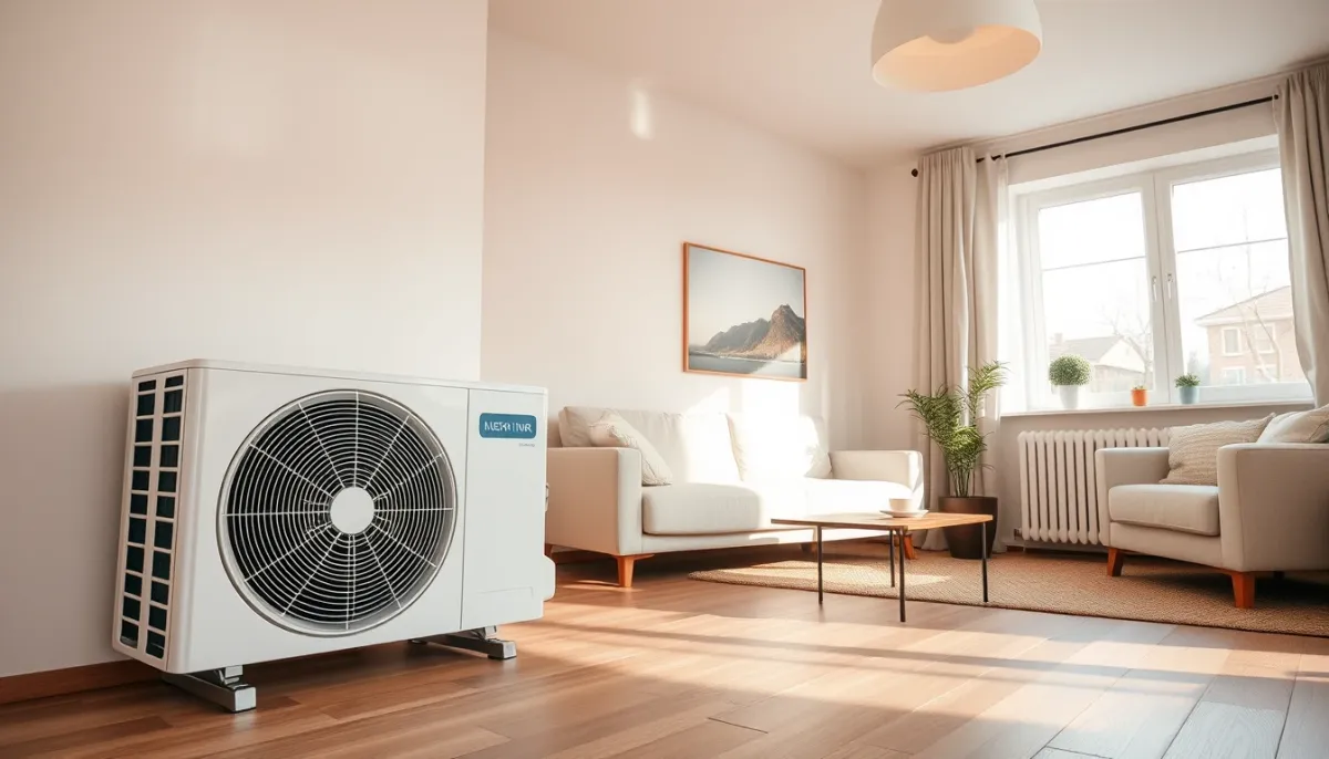 Intérieur confortable avec unité intérieure de pompe à chaleur et plancher chauffant