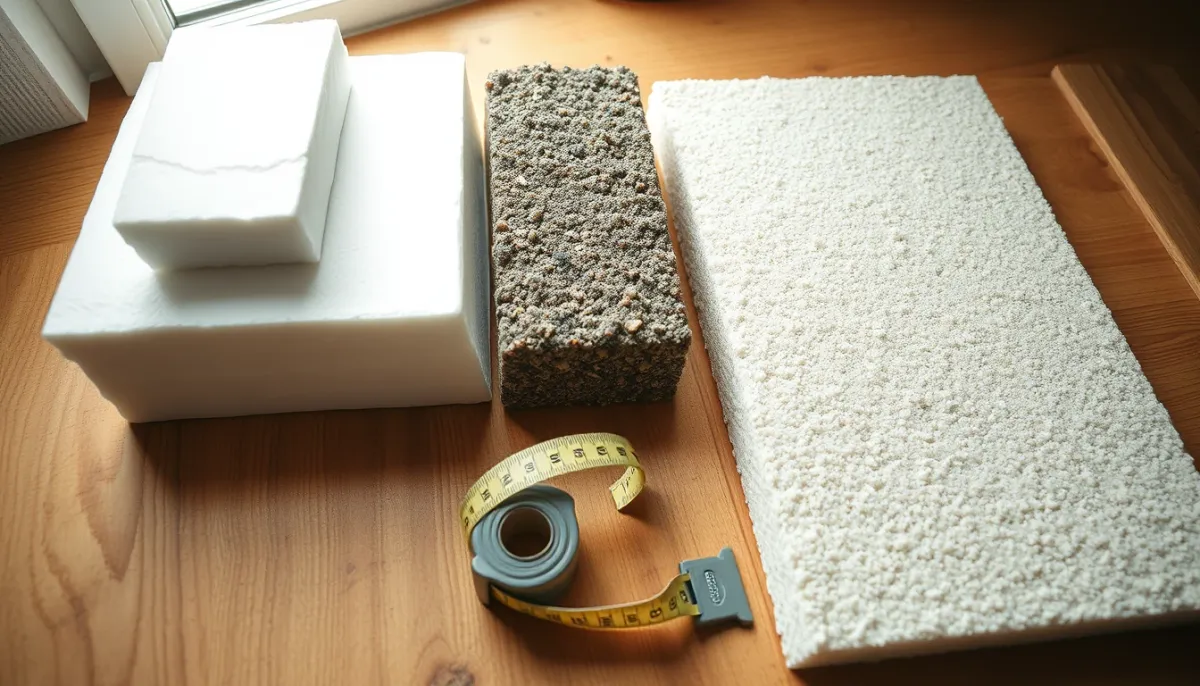 Échantillons de matériaux isolants (PSE blanc, PSE graphité, laine de roche, fibre de bois) avec mètre ruban