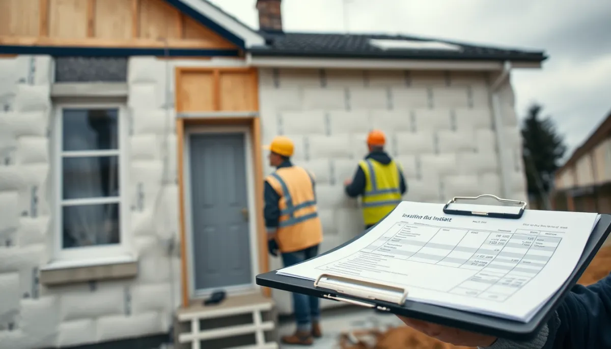 Chantier d'isolation extérieure en Lorraine avec ouvriers posant des panneaux isolants