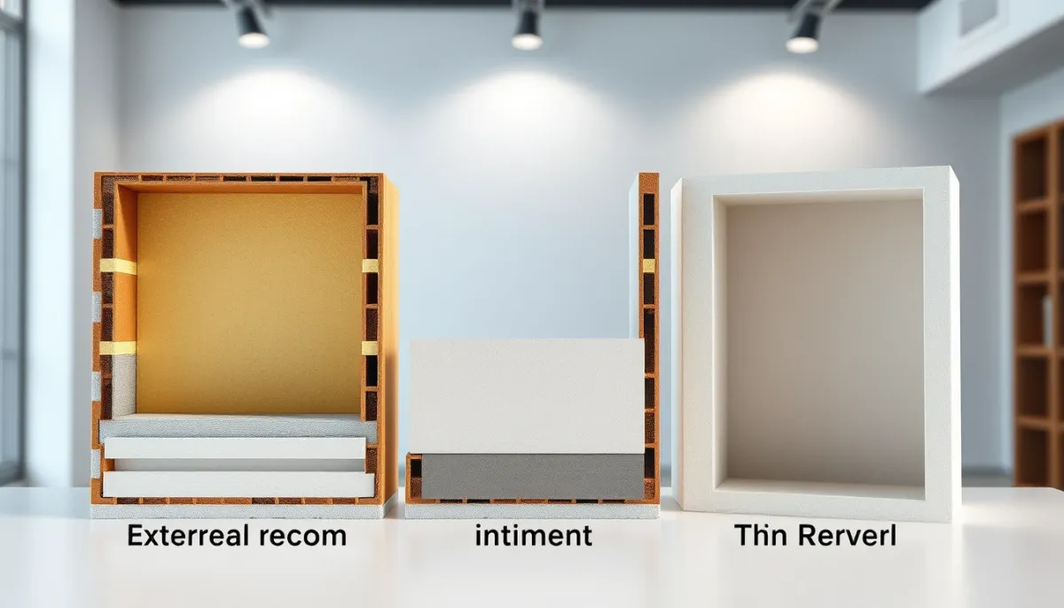 Comparaison en coupe de trois techniques d'isolation : extérieure épaisse, intérieure et enduit mince