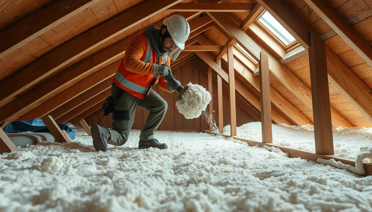 Artisan soufflant de la ouate de cellulose dans des combles perdus, technique de pose mécanisée
