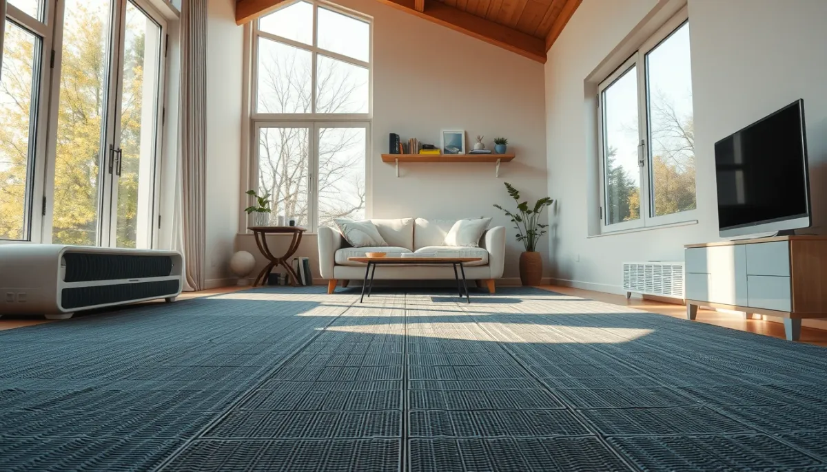 Salon confortable avec plancher rafraîchissant diffusant une fraîcheur douce en été