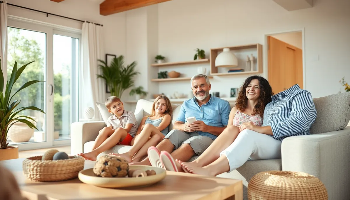Famille profitant d'un intérieur frais grâce à une PAC air/eau réversible en été
