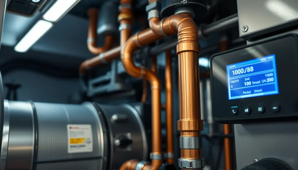 Vue rapprochée des composants internes d'une chaudière à condensation avec échangeur thermique