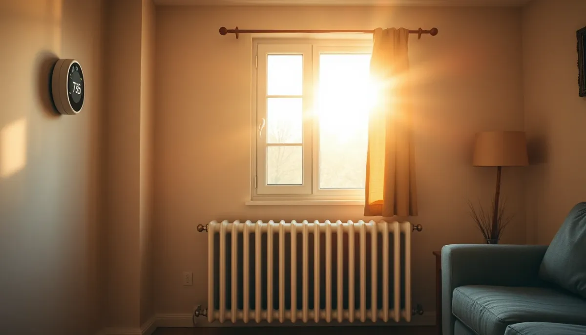 Salon confortable avec radiateur sous une fenêtre, éclairé par une lumière dorée