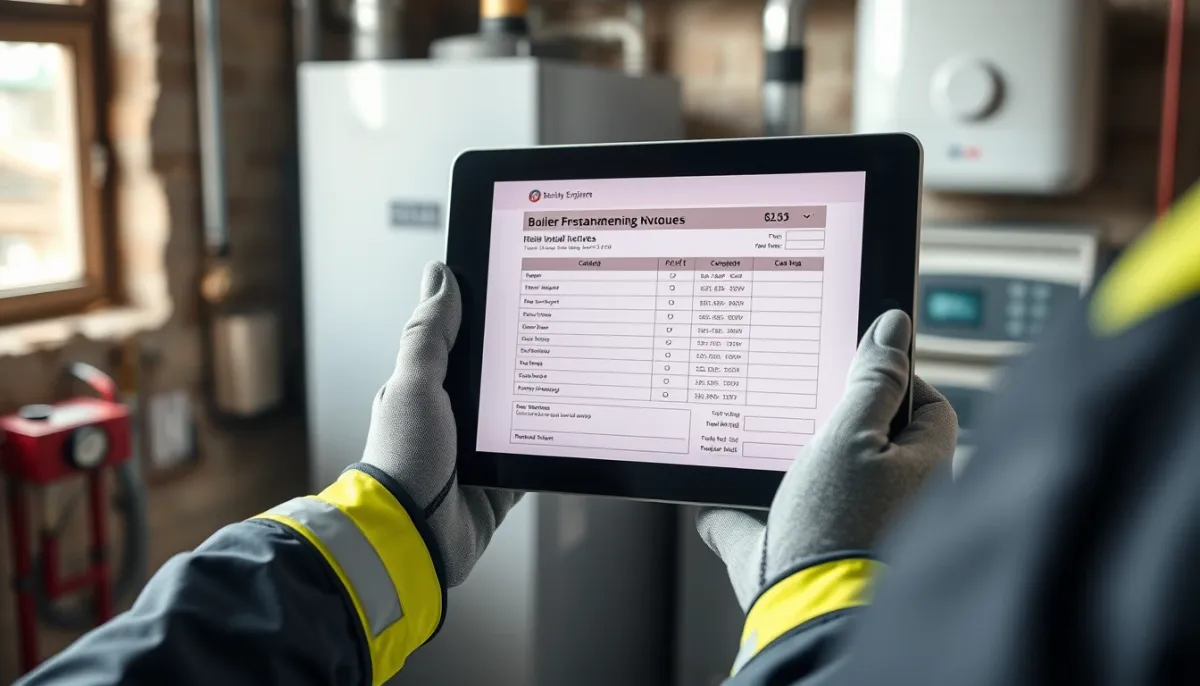 Technicien chauffagiste consultant un devis sur tablette devant une chaudière