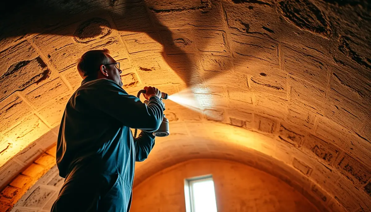 Projection de mousse polyuréthane sous les voûtains d'une cave voûtée
