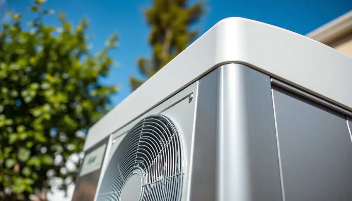 Gros plan sur une pompe à chaleur air/eau moderne installée à l'extérieur