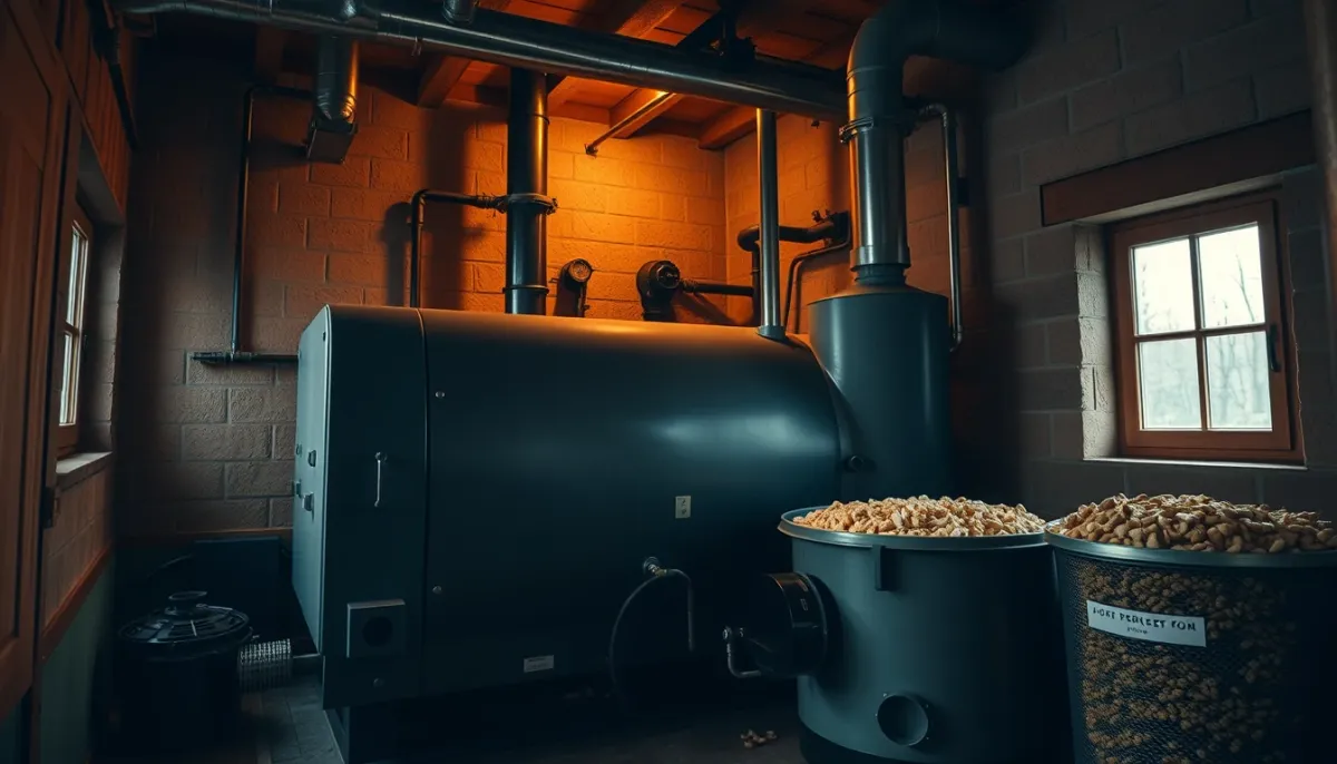 Chaudière biomasse moderne dans une chaufferie, avec granulés de bois à proximité
