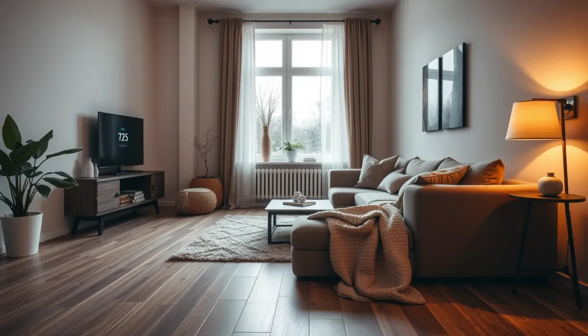 Salon confortable avec chauffage au sol et thermostat intelligent