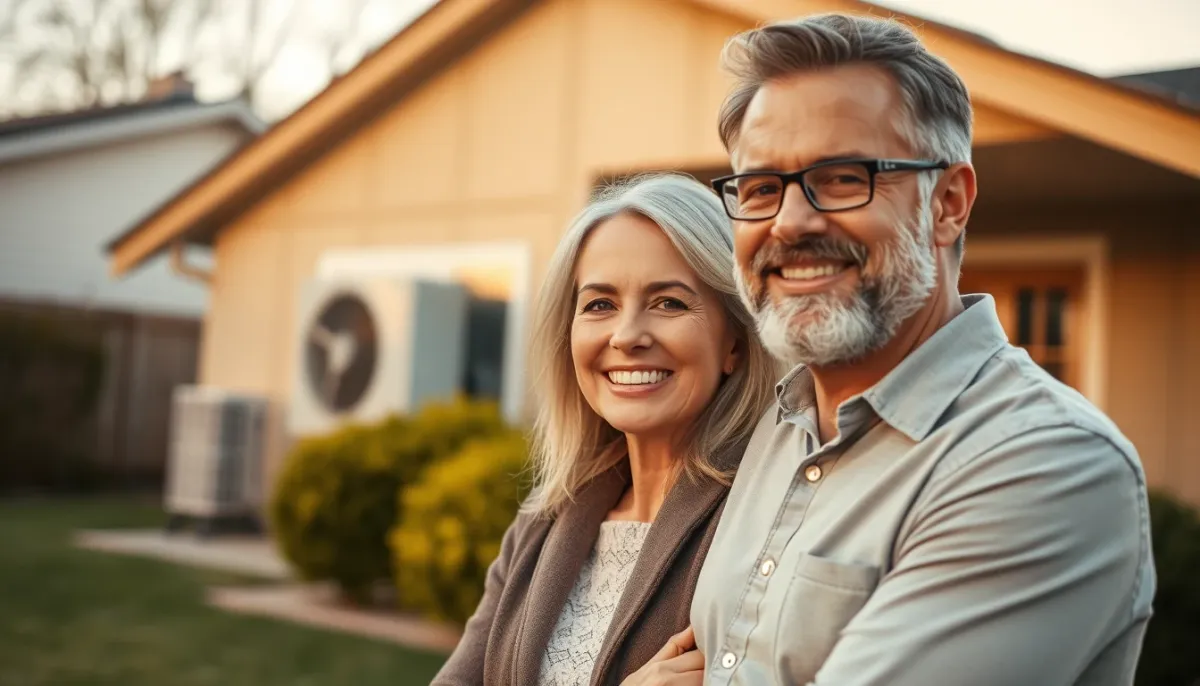 Couple devant sa maison équipée d'une pompe à chaleur air/eau