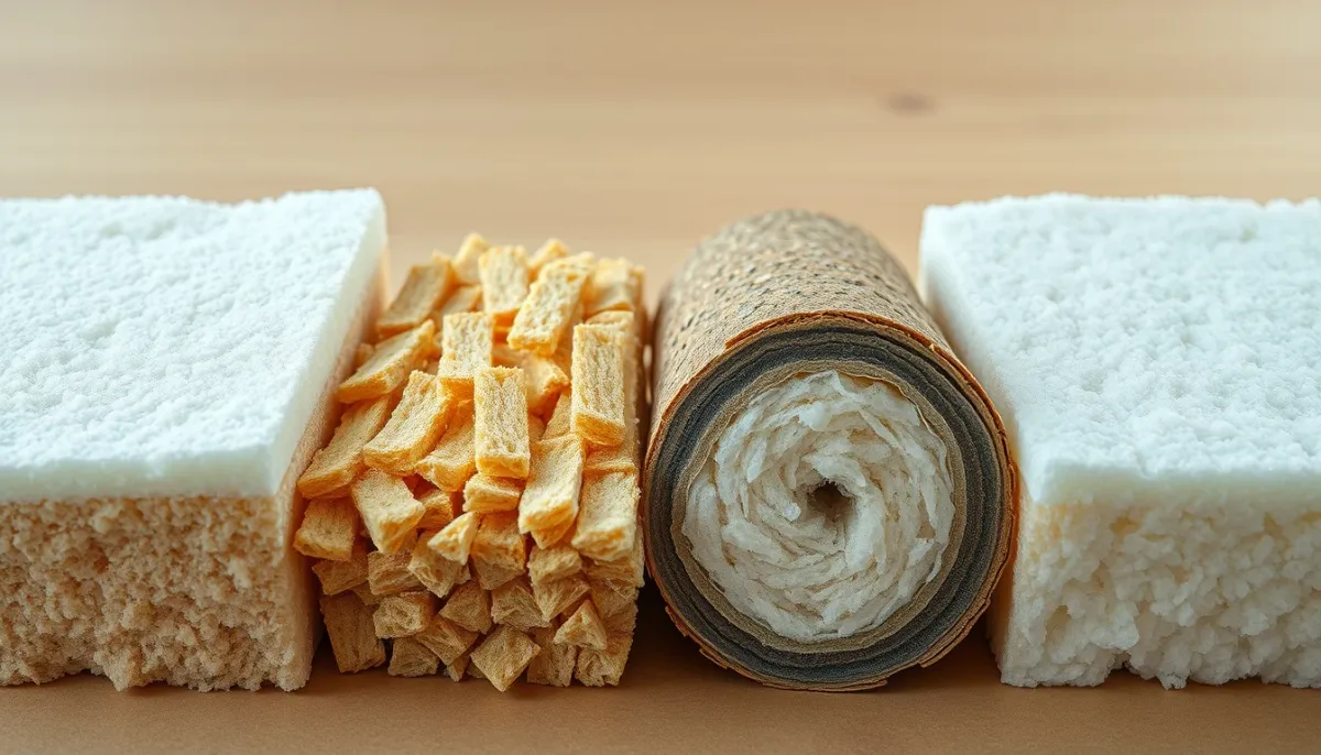 Échantillons de différents isolants pour murs par l'intérieur : laine de verre, laine de bois, polyuréthane et ouate de cellulose