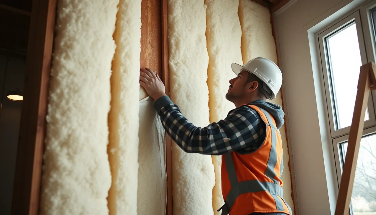 Pose de laine de verre sur un mur par l'intérieur par un professionnel