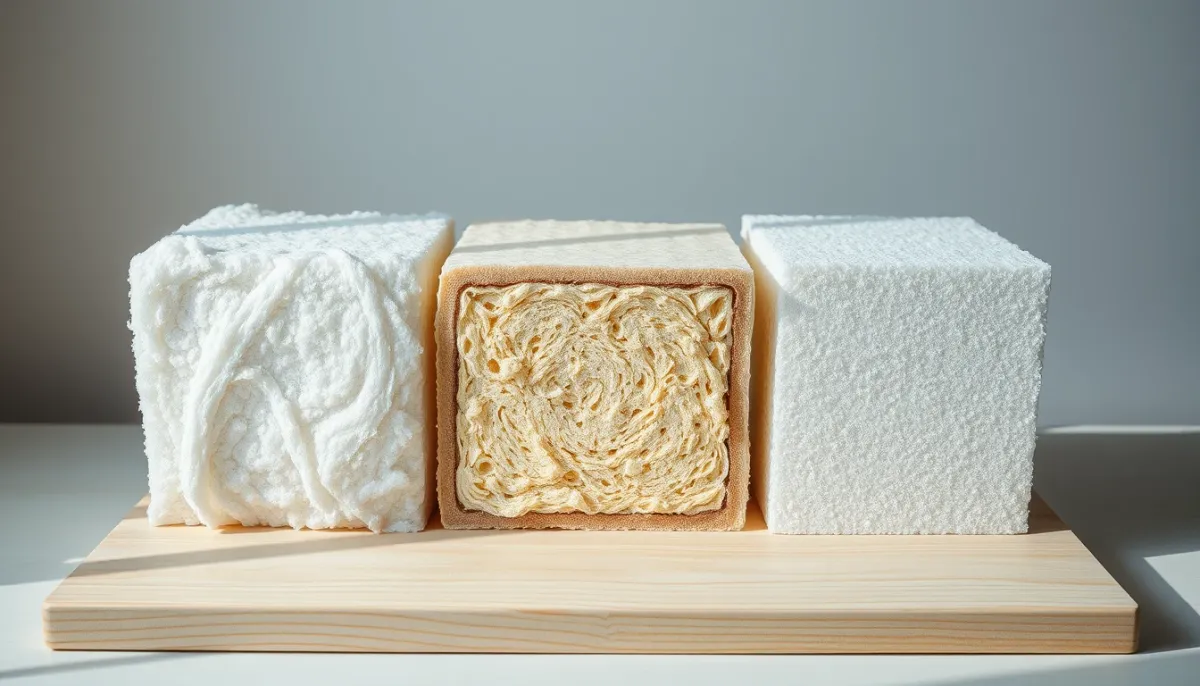 Comparaison de l'épaisseur de différents isolants pour R=7 : laine de verre, ouate de cellulose et polyuréthane
