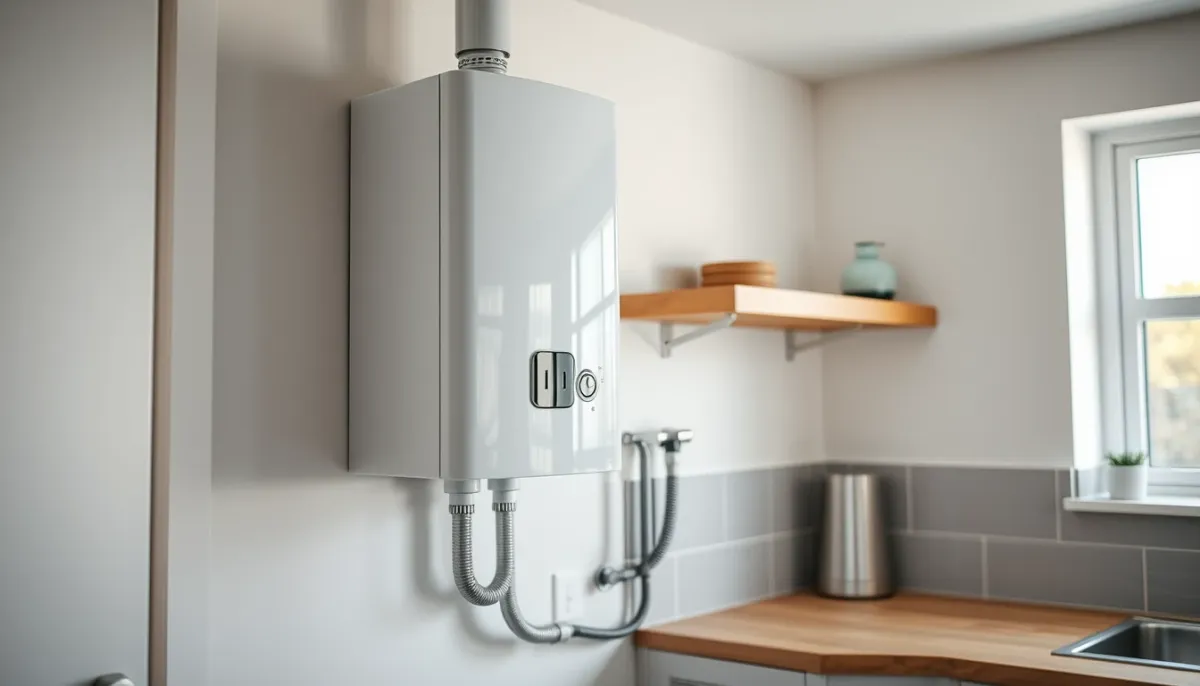 Chaudière gaz murale à condensation installée dans une cuisine moderne