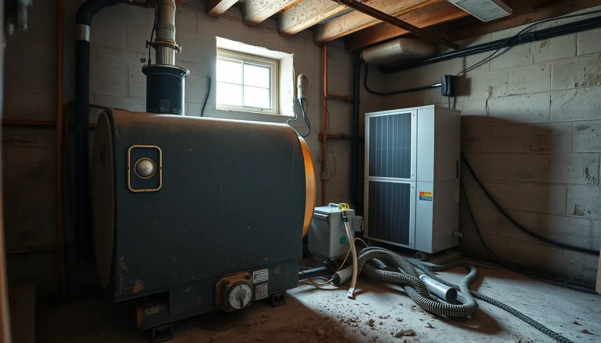 Dépose d'une ancienne chaudière fioul avant l'installation d'une pompe à chaleur