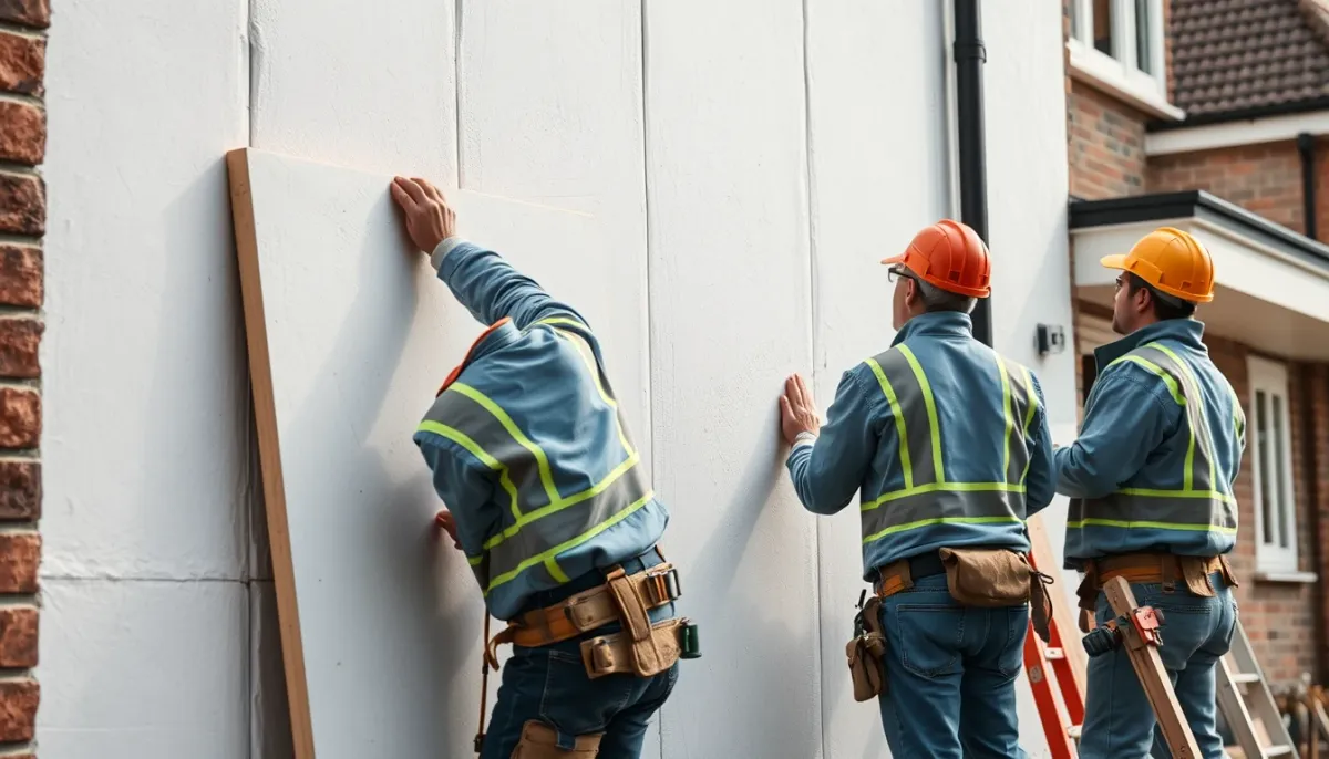 Pose de panneaux isolants sur une façade lors de travaux d'isolation thermique par l'extérieur