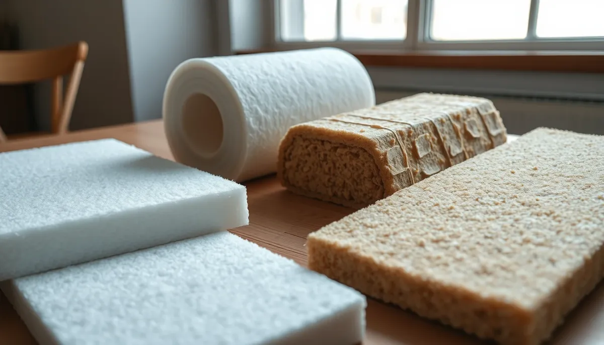 Échantillons de matériaux isolants : polystyrène expansé, laine de roche et fibre de bois