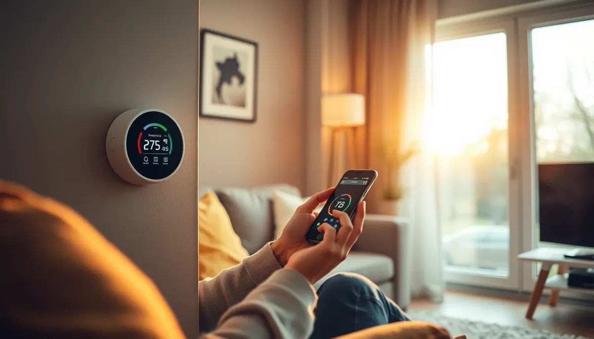 Propriétaire ajustant le chauffage via l'application LG ThinQ dans un salon confortable