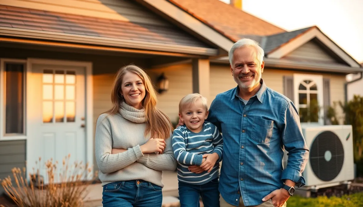 Famille devant sa maison équipée d'une pompe à chaleur LG Therma V