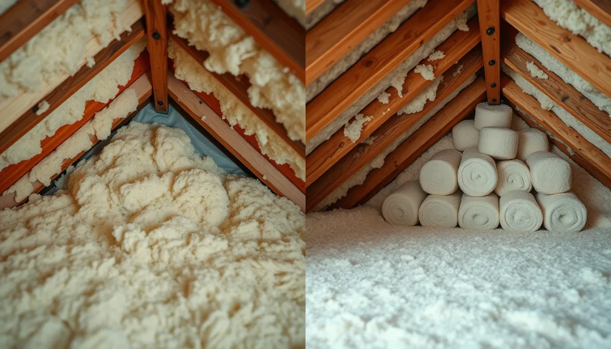 Comparaison visuelle entre combles isolés par soufflage et par rouleaux