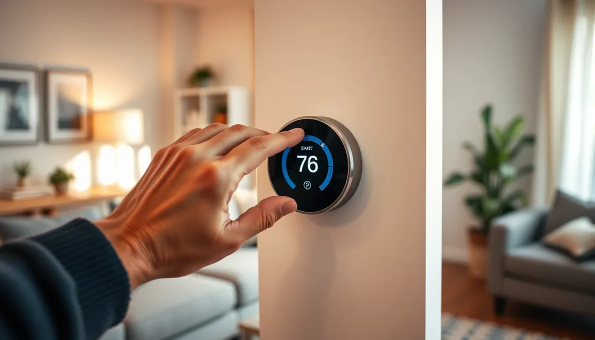 Main ajustant un thermostat connecté dans un salon confortable