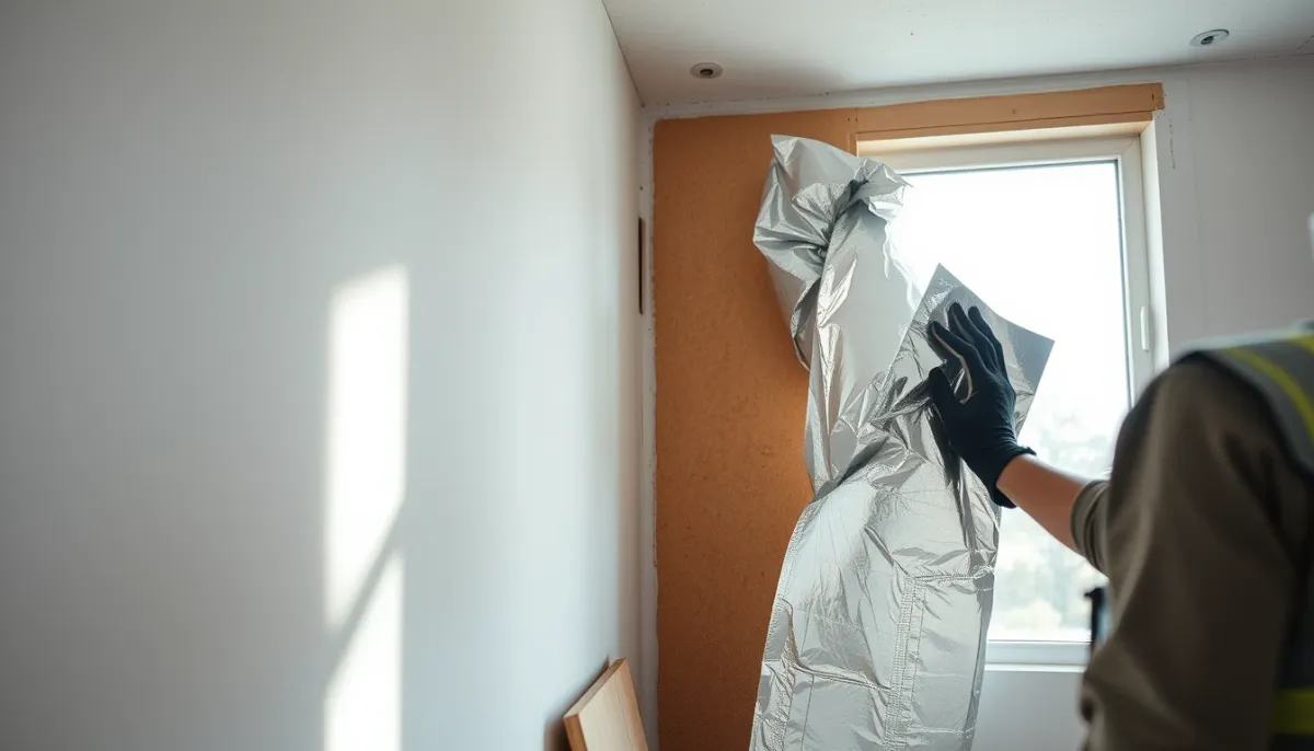 Artisan posant un isolant mince sur un mur intérieur lors de travaux de rénovation